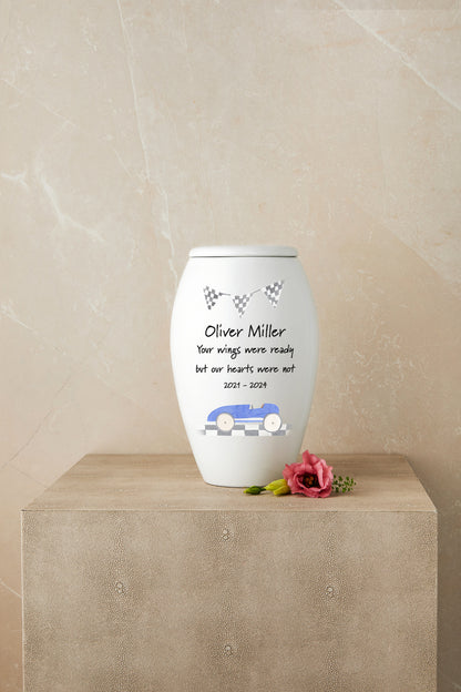 Blue Race Car Theme Cremation Urn