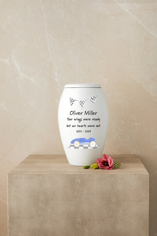 Blue Race Car Theme Cremation Urn