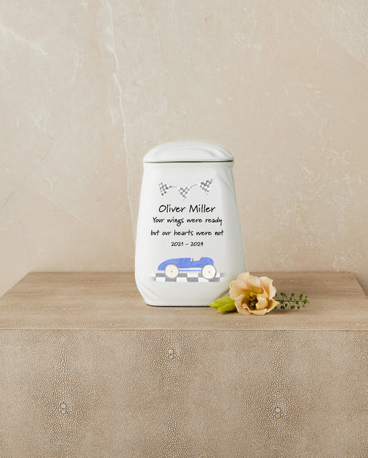 Blue Race Car Theme Cremation Urn