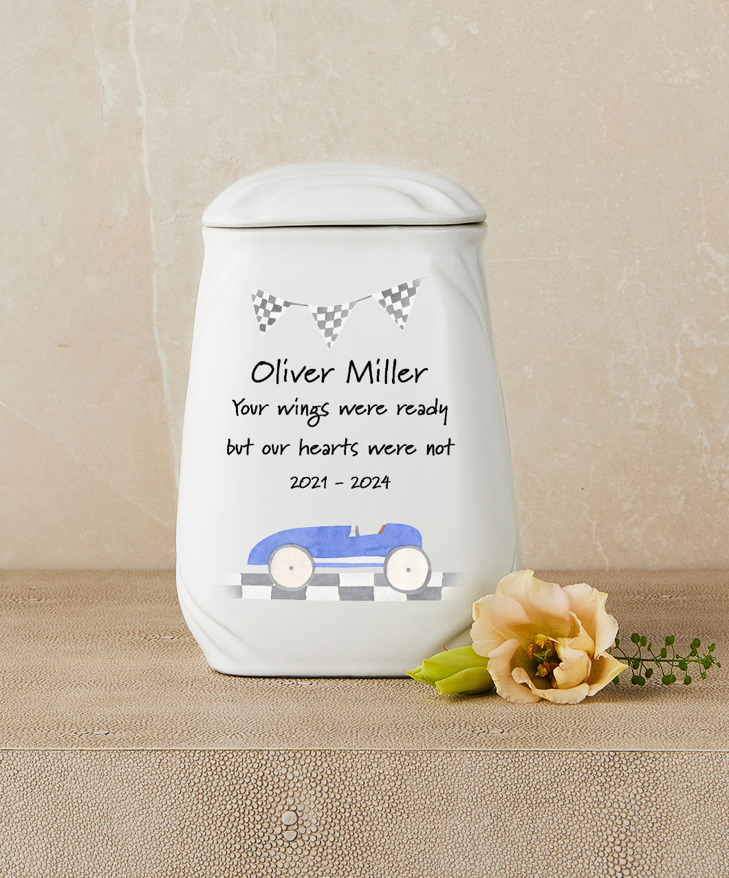 Blue Race Car Theme Cremation Urn