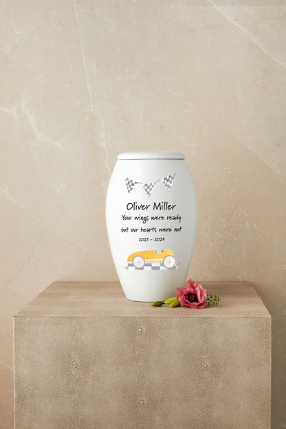 Yellow Race Car Theme Cremation Urn