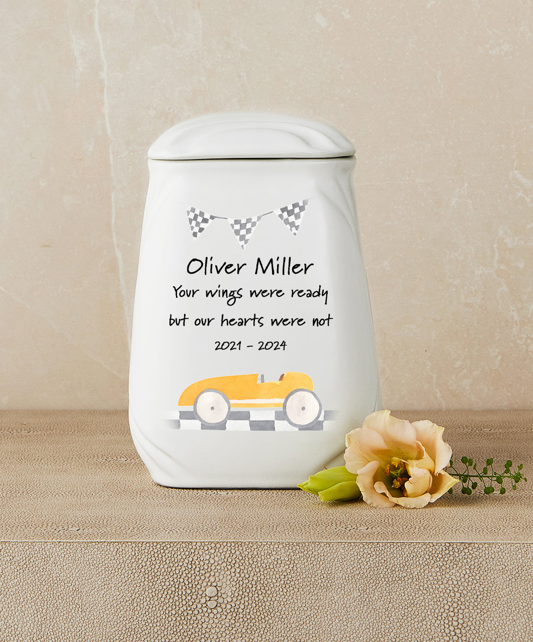 Yellow Race Car Theme Cremation Urn