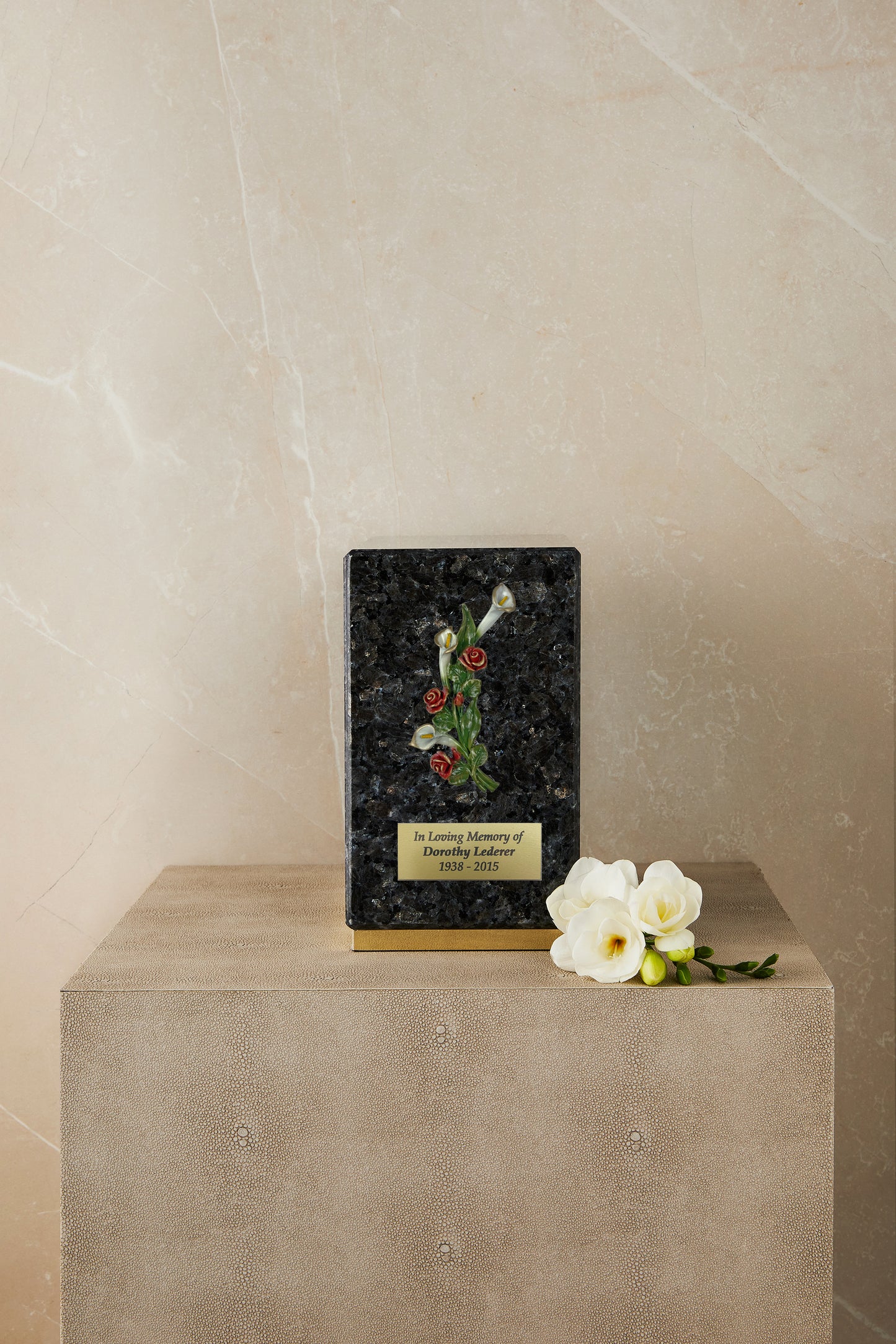 Blue Pearl Marble Calla and Rose Cremation Urn
