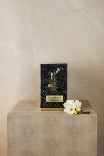 Blue Pearl Marble Calla and Rose Cremation Urn
