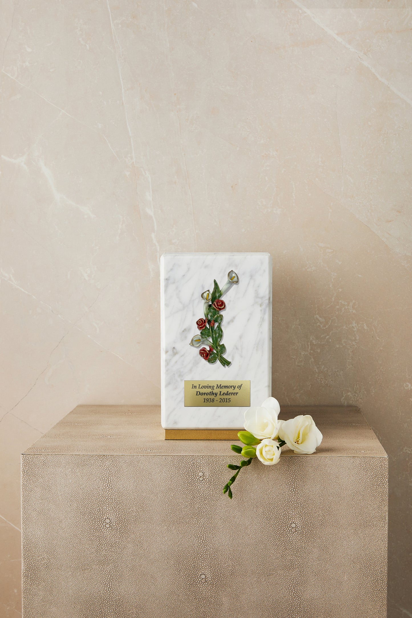 White Marble Rose and Calla Cremation Urn