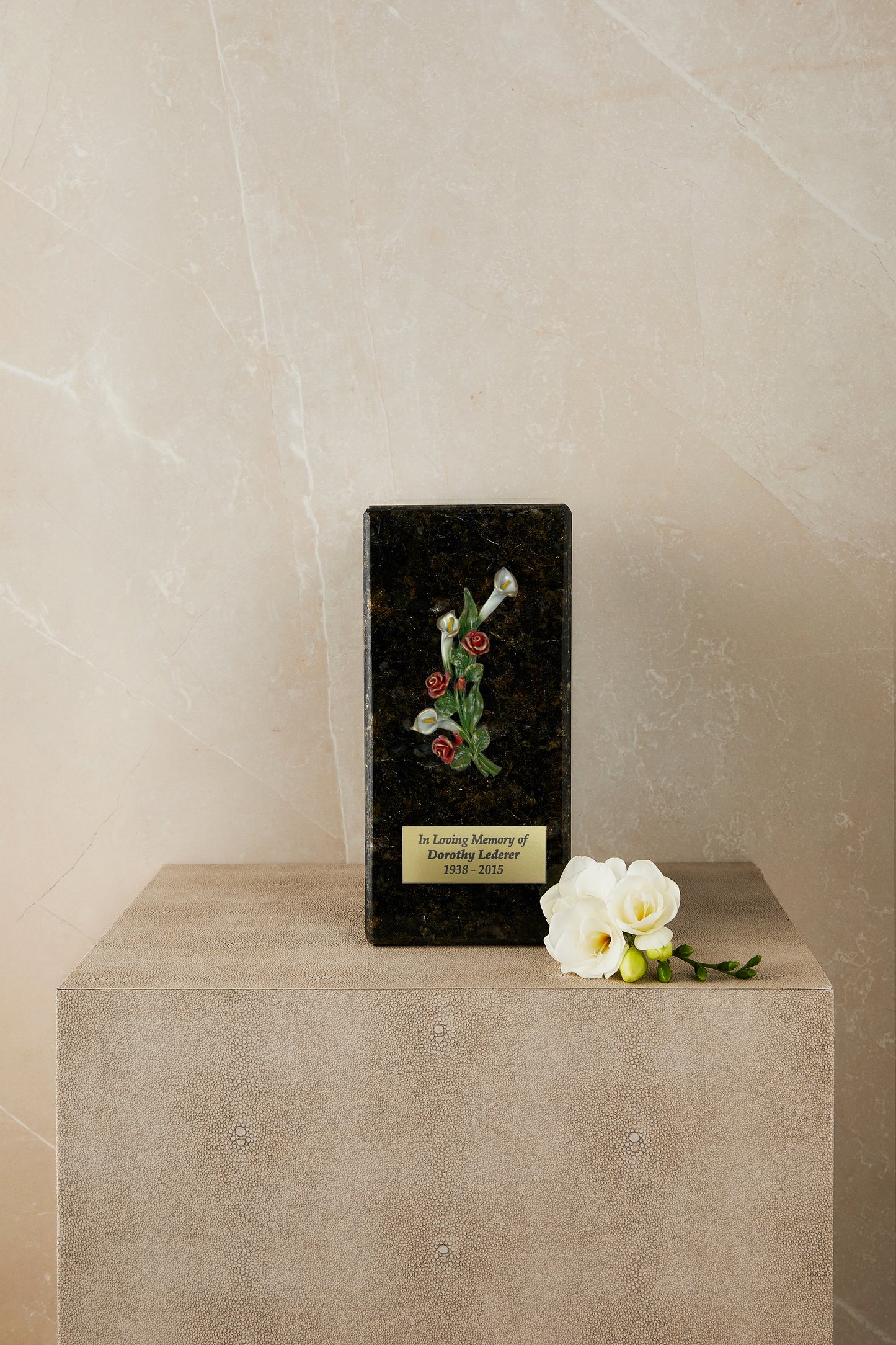 Peacock Marble Calla and Rose Cremation Urn