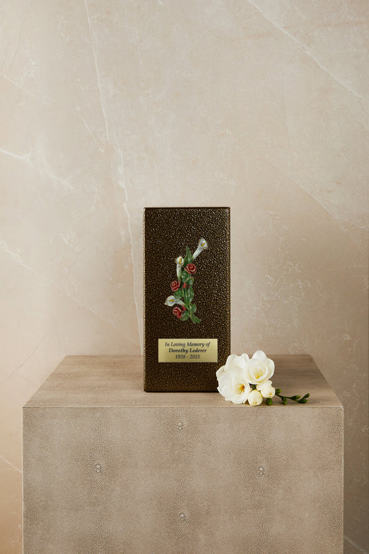 Calla and Rose Gold Metal Based Cremation Urn