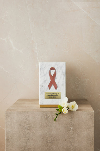White Marble Breast Cancer Cremation Urn