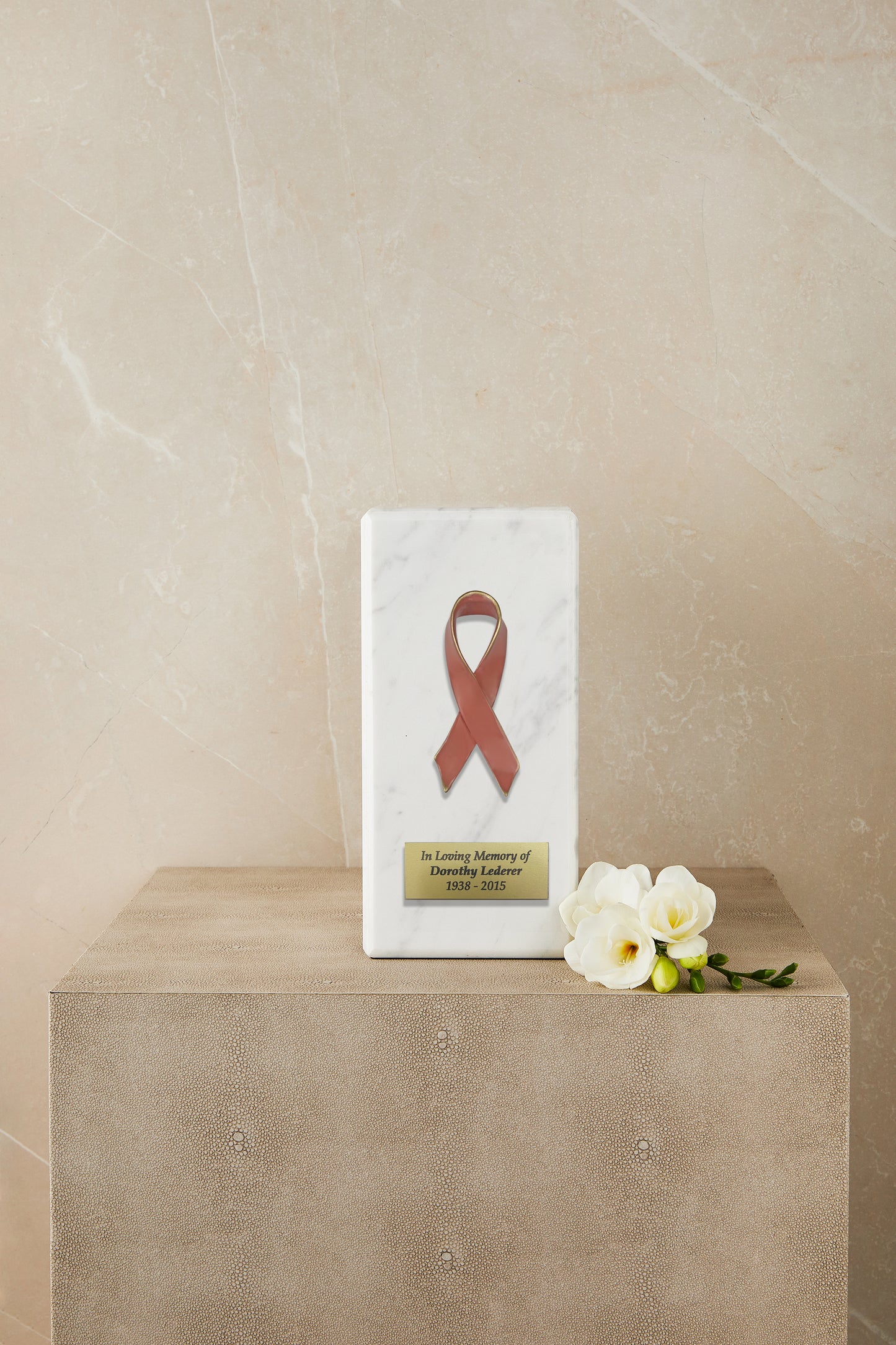 White Marble Breast Cancer Cremation Urn