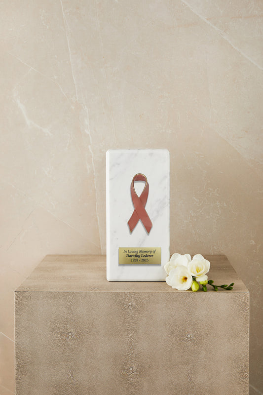 White Marble Breast Cancer Cremation Urn