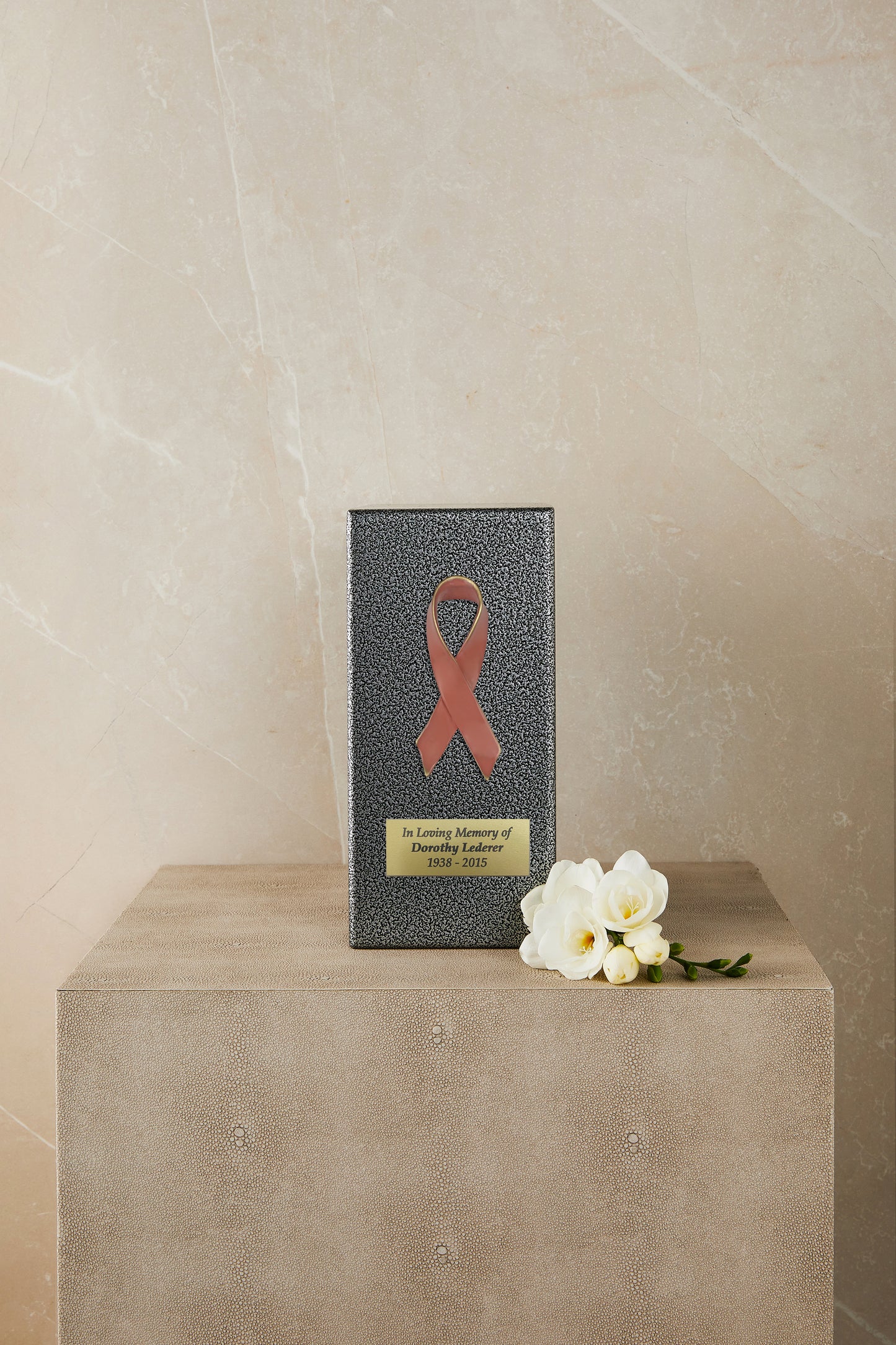 Breast Cancer Ribbon Silver Metal Based Cremation Urn