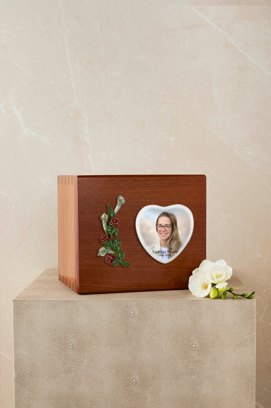 Rose & Lily Tribute Wooden Cremation Urn
